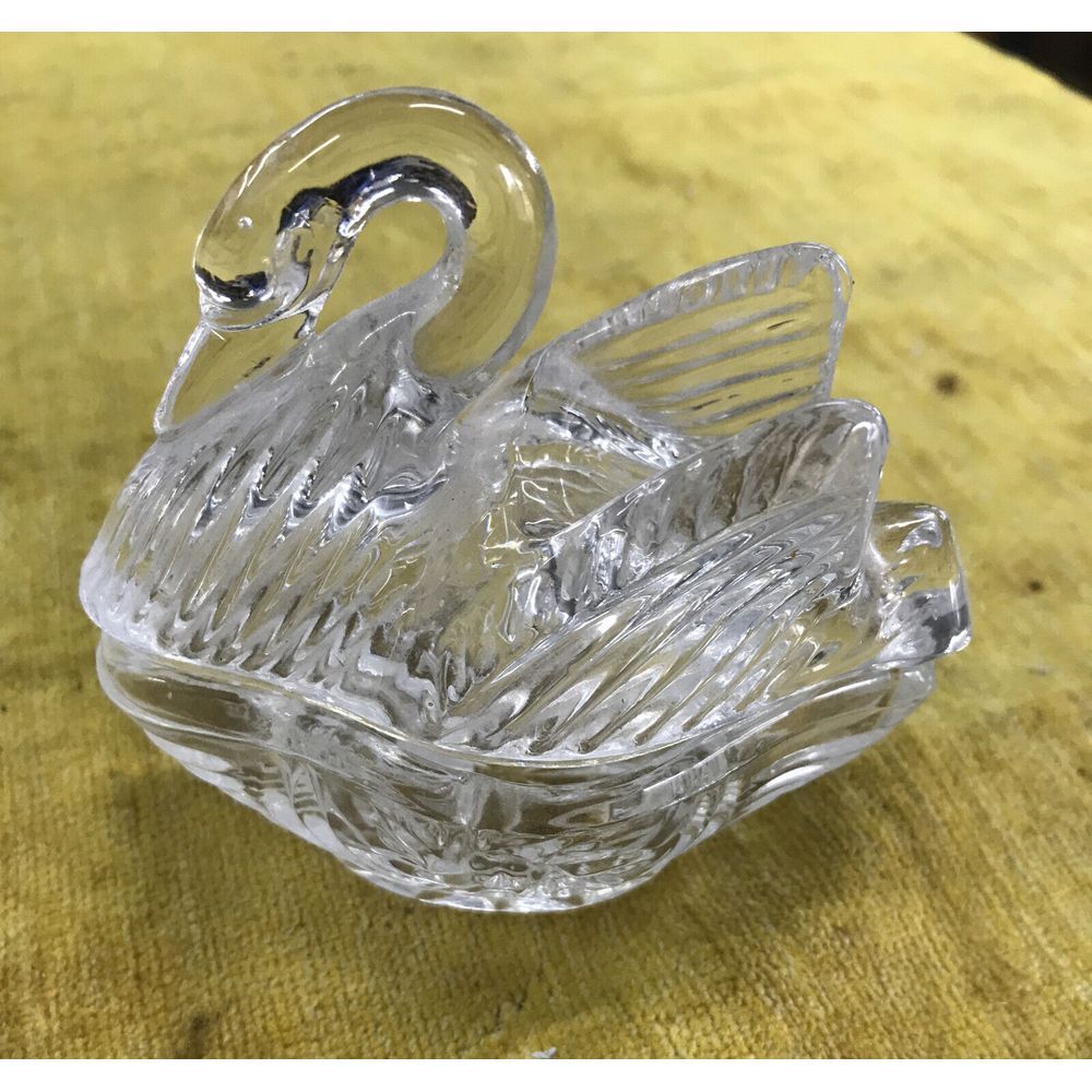 Lead Crystal Clear Glass Swan Trinket Box With Lid Jewelry Ring Dish Vintage‎